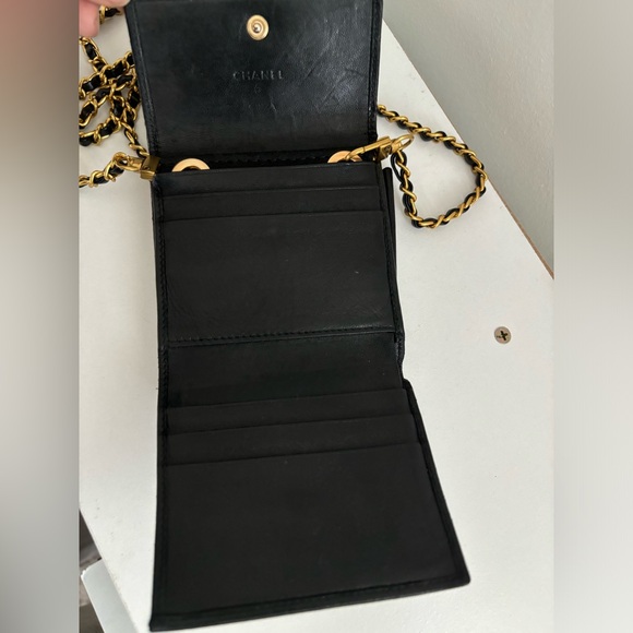 Chanel Camelia  Black VTG  Mini Trifold Wallet On A Chain Gold Adjustable Chain - Picture 9 of 13